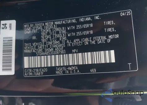 2025 Toyota Grand Highlander Xle z USA, uszkodzony, nr VIN 5TDAAAB53SS087960